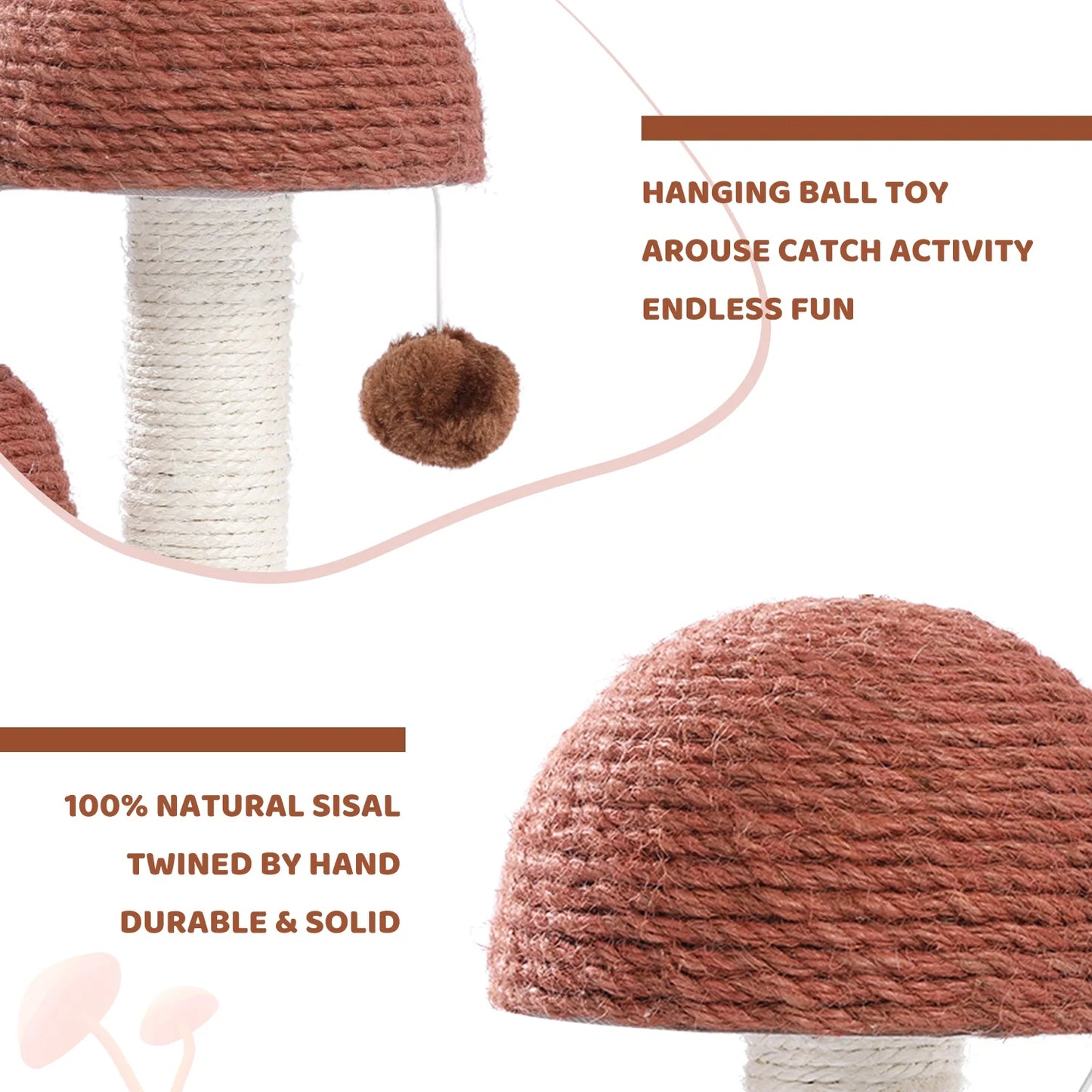 Charming 19" Brown Mushroom Cat Scratching Post - Perfect Sisal Claw Scratcher for Kittens and Small Cats