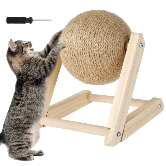 Natural Sisal Cat Scratching Ball with Catnip - Interactive Solid Wood Scratcher Toy for Indoor Cats and Kittens - 7x7x6.3 Inch Rotatable Ball