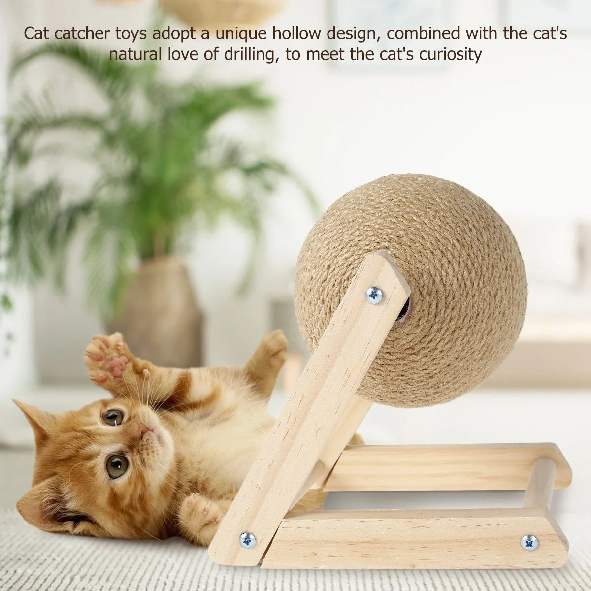 Natural Sisal Cat Scratching Ball with Catnip - Interactive Solid Wood Scratcher Toy for Indoor Cats and Kittens - 7x7x6.3 Inch Rotatable Ball