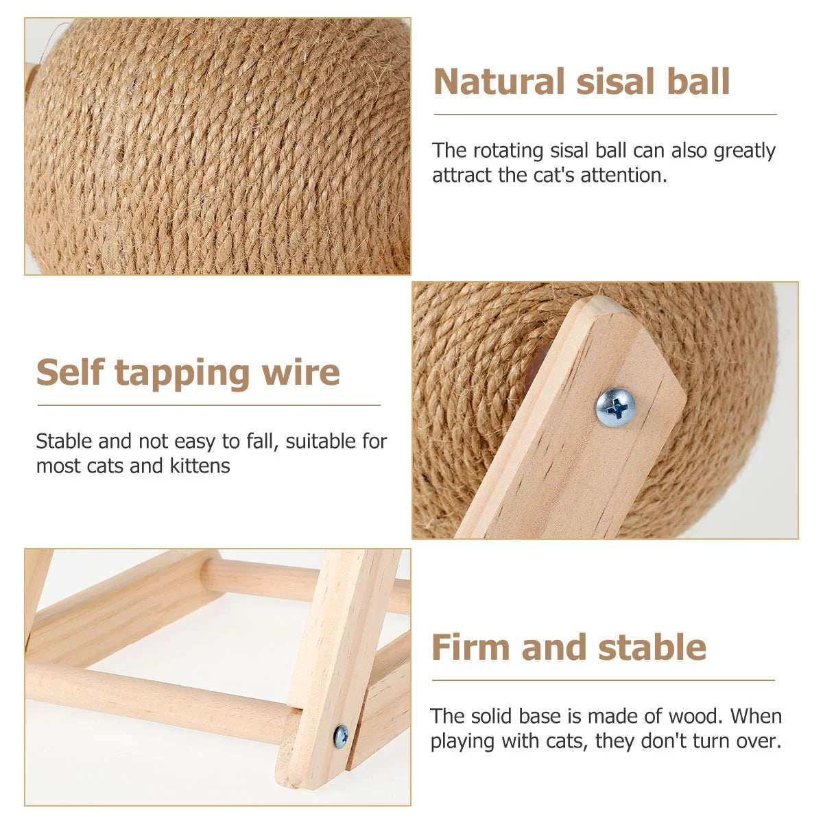Natural Sisal Cat Scratching Ball with Catnip - Interactive Solid Wood Scratcher Toy for Indoor Cats and Kittens - 7x7x6.3 Inch Rotatable Ball