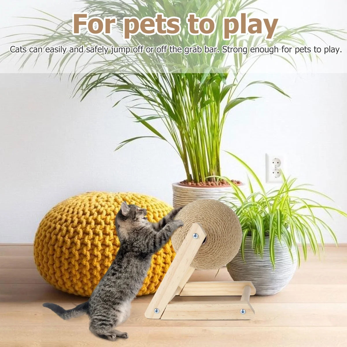 Natural Sisal Cat Scratching Ball with Catnip - Interactive Solid Wood Scratcher Toy for Indoor Cats and Kittens - 7x7x6.3 Inch Rotatable Ball