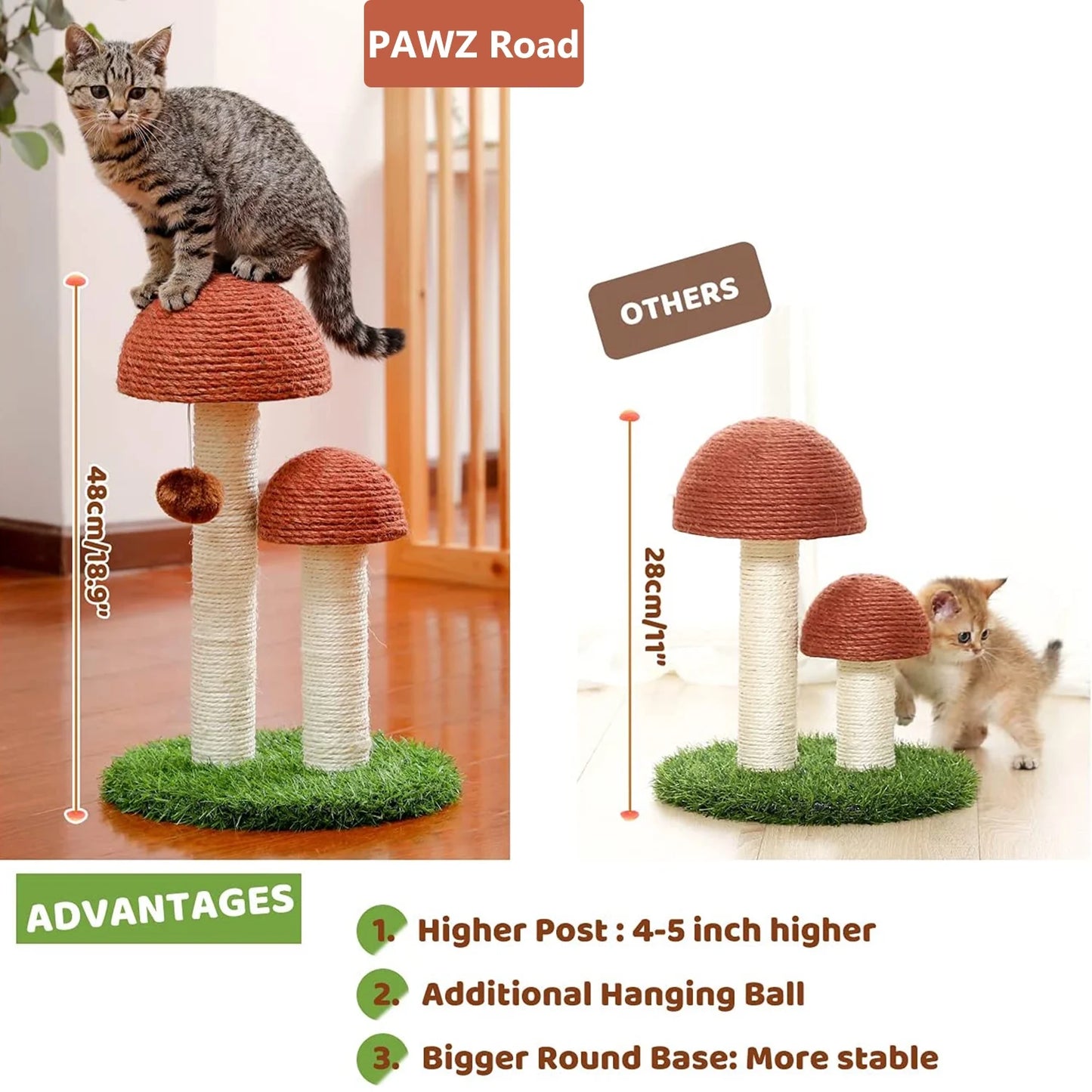 Charming 19" Brown Mushroom Cat Scratching Post - Perfect Sisal Claw Scratcher for Kittens and Small Cats