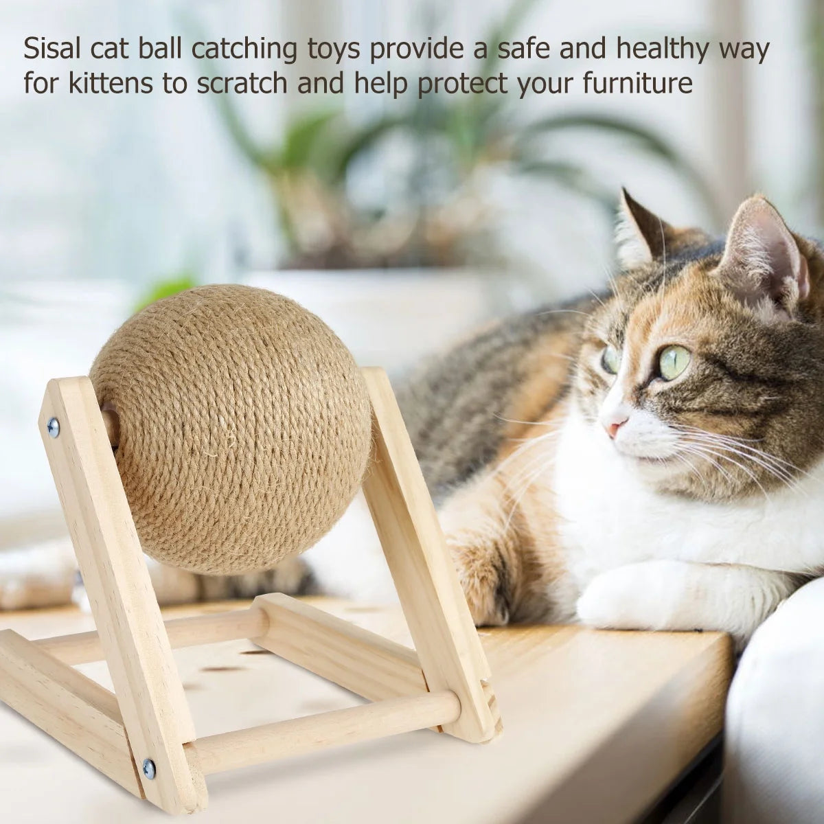 Natural Sisal Cat Scratching Ball with Catnip - Interactive Solid Wood Scratcher Toy for Indoor Cats and Kittens - 7x7x6.3 Inch Rotatable Ball