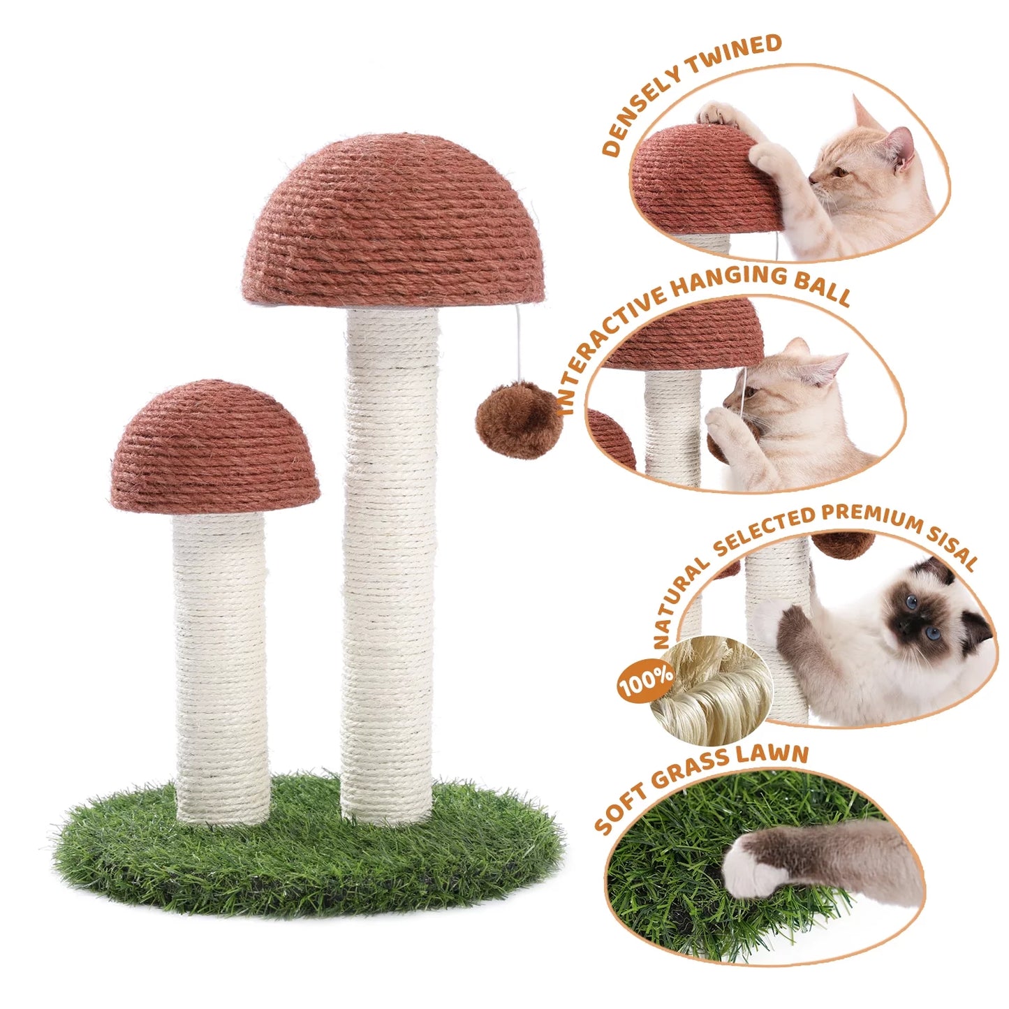 Charming 19" Brown Mushroom Cat Scratching Post - Perfect Sisal Claw Scratcher for Kittens and Small Cats