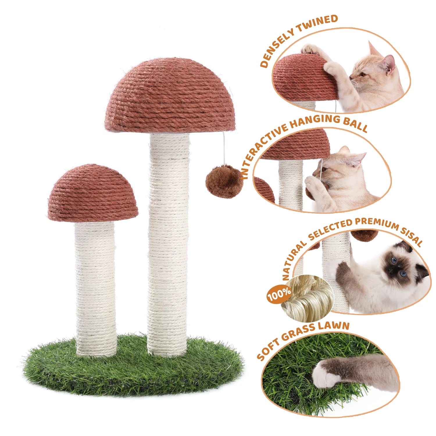 Charming 19" Brown Mushroom Cat Scratching Post - Perfect Sisal Claw Scratcher for Kittens and Small Cats